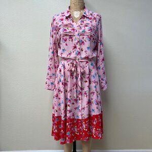 EUC Nanette Lepore Floral Button Up Belted Two Tone Chiffon Dress Size 10